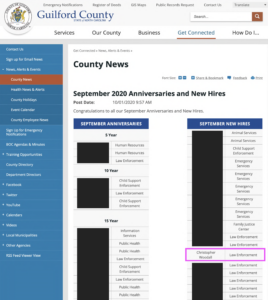 September 2020 Guilford County Press Release announcing that, among others, Chris Woodall was hired as law enforcement.