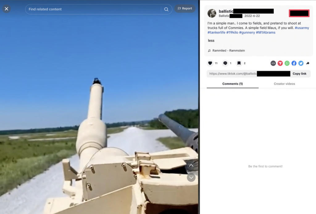 Image is from the viewpoint of a person on top of a tank, looking down the barrel at what they are aiming. This image from Ballistic's TikTok reads: I'm a simple man. I come to fields, and pretend to shoot at trucks full of Commies. A simple field Maus, if you will. #usarmy #tankerlife #19kilo #gunnery #M1Abrams"