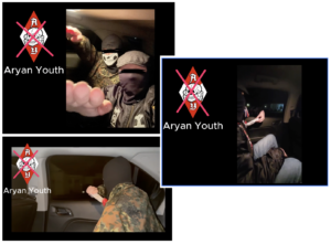 a collage of three photos taken from a video. 1) two people including ohpeak in the back of a car doing a Sieg Heil salute. both wear masks; one is a skull mask. ohpeak wears one of his black jackets with racist patches and his plaid cap. the other person wears a black hood and camo jacket. 2) ohpeak tossing flyers out the window of the backseat of a car 3) other individual doing the same