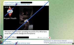 screencap of a post from aryan freedom network's telegram channel. the post is dated sept. 16, 2024, and says: "AFN Aryan Youth members spreading thousands of Pro-White flyers across North Carolina, Georgia and Pennsylvania," followed by: "Get active today," and their website (redacted). Ohpeak is shown in the still from this video.