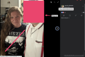 facebook picture from jennifer woodall's account. she is standing with ohpeak in a kitchen facing the camera. ohpeak's face is redacted. he wears a white polo shirt, a celtic cross necklace, and red suspenders. she wears a teeshirt with a burzum album on the front.