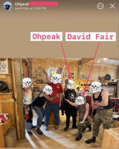 Ohpeak posted this picture of six people whose faces were all redacted using a Nazi totenkopf. Several are doing a Sieg Heil salute, including the two people labeled as Ohpeak and David Fair. This picture appears to have been taken inside Dixie Republic, in Travellers Rest, SC, at their July 2024 "Dixiefest." Dixie Republic is a magnet for those who love the Confederacy and neo-Nazis alike. 