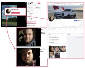 collage of images we have compiled to show the connection from Elksman to Jonathan Lee Hardie. 1) tiktok profile for elksman.hh with profile pic showing man with brown beard and red plaid shirt. tiktok user elksman has commented on ohpeak's profile saying, "Dixieland shall be free." 2) Facebook profile for Jonathan Hardie, showing he went to East Wake HS, is from Bunn, NC, and claims to live in Roxboro, NC. Occupation is listed as commerical driver. His profile pic is a bearded man with a swastika flag behind him. An older profile picture is the same picture used in Elksmans profile.