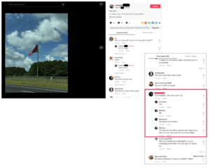 A compilation of images. Ohpeak has posted a picture of a confederate battle flag on a roadside. A user asks, "as a hispanic, am i welcome?" As Elksman, Jonathan Hardie answers, "The war for my folk's survival and hegemony will not end until every foe is vanquished."