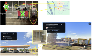 Image compilation: In first image, Ohpeak and unidentified person are holding a swastika flag and posing for the camera while doing a Sieg Heil salute. We have annotated this image showing that in the reflection of the glass behind them, you can see a McDonald's arch, and there is a Family Fare logo on the air pump in the foreground. Another picture shows a map of a Family Fare in Benson, NC, with a McDonald's nearby. The other images show Google street view images of that Family Fare location, pointing out the same structure the boys are standing in front of, the air pump, and from the view of the reflection, McDonald's arches. 