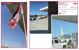 a collage of three pictures: 1) from ohpeak's social media dated march 15, we see a flag with a nazi totenkopf superimposed over an iron cross superimposed over a confederate battle flag. the flag is on a small pole as if it is being held by hand by someone taking the photo themself or by someone next to the photographer, or perhaps it is attached to a vehicle that the photographer is sitting in. In the distance, we can see the intersection of some power lines and behind those, the top of a church. the camera angle is pointing upwards. 2) a tiktok from shannon coats (ncbirddog) shows the same church in the background 3) the church enlarged for clearer view