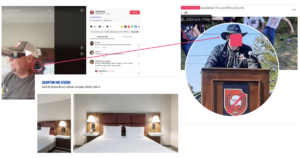 A compilation of images showing Shannon Dale Coats was at a hotel near Aryan Fest on the day leading up to Aryan Fest. The first photo is from Shannon's TikTok and shows a bed behind him with Ohpeak's hat on the table next to it. Another image shows the Hampton Inn Athens from Athens, Georgia with the same interior. 