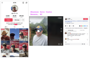 a collage of two images: 1) shannon coats's tiktok profile with user name sdc76/jc76. the page shows various videos of shannon with trump signs behind him. 2) a screen capture of one of his videos from his account jc762. he is standing outside talking to the camera. he has used multiple hashtags including #theearthisflat and #ilovejesus. The shed in front of which ohpeak burnt flags and did a nazi salute is visible in the background.