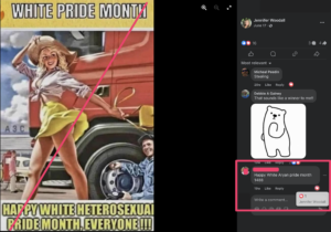 facebook post by jennifer woodall on june 17 2024. meme is a mid-20th century cartoon stylized image of a blonde woman with a short skirt and summer hat with white men lusting over her while fixing their cars. the text on the meme reads, "white pride month / happy white heterosexual pride momth, everyone!!!" Ohpeak commented, "Happy White Aryan pride month 1488" and Jennifer Woodall reacted to this comment with a heart emoji.