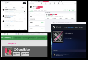 collage of photos: 1) X (formerly twitter) posts from OGcuziMan with three tweets: a) 8/8/22 a link to Ohpeak youtube b) 4/6/2023 tweet at gypsycrusader "glad to see you back" and c) 11/3/2023 tweet not visible because it violates rules against hateful conduct 2) Gab account for Ohpeak showing he joined april 2023 with bio that reads, "13 year old neo nazi" 3) steam account for ogcuziman with sonnenrad profile pic and comment from august 2023 4) xbox account for ogcuziman with profile picture showing ohpeak's (redacted) face