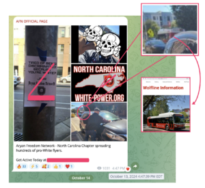 A post from Aryan Freedom Network's telegram channel dated October 13, 2024 says, "Aryan Freedom Network - North Carolina Chapter spreading hundreds of pro-White flyers." A series of three photographs include one of their flyers (with our redaction) on a lamp post, another shows Ohpeak and another person with their faces redacted by AFN using Nazi totenkopfs, and a third is Ohpeak putting garbage on someone's car. In the background of this image, we have circled a bus and enlarged it to give a better view of this NC State bus.