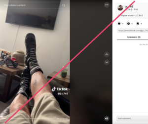 screen capture from a tiktok video from Shannon Coats. image is a first person view of his own legs outstretched in a seated position, wearing black boots with white laces in the skinhead style. username is partially redacted